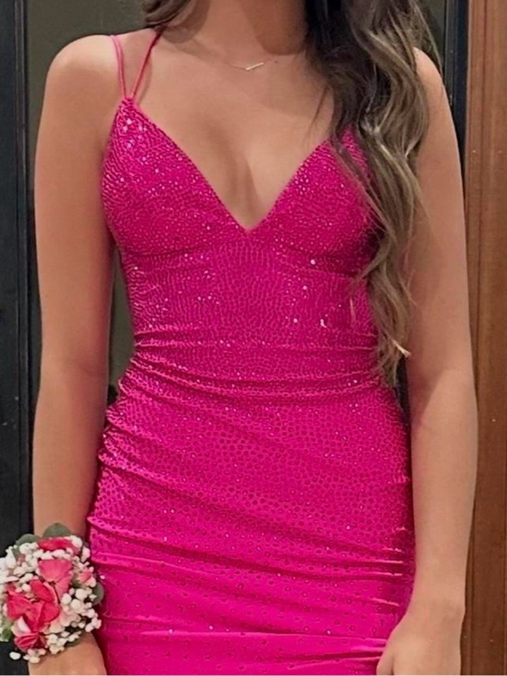 Sherri Hill Hot Pink Sequin Spaghetti Strap Mini Dress